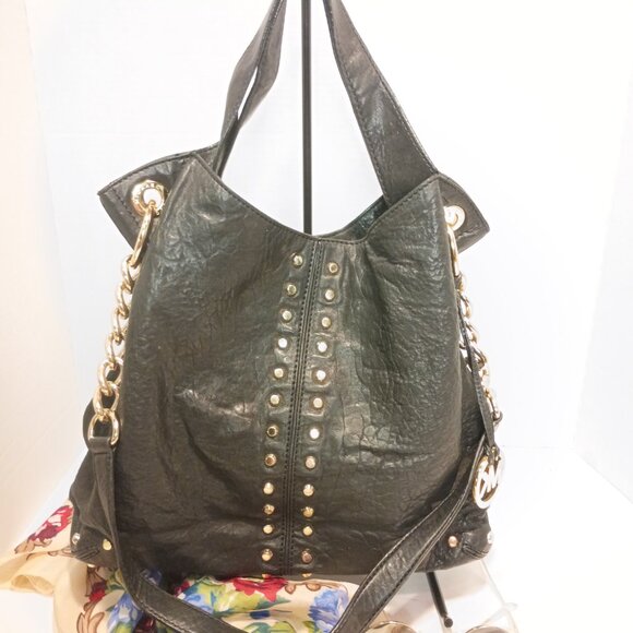MK MICHAEL KORS Astor Uptown Black Textured Leather Bag Gold Studs Chunky Chain - Picture 3 of 15